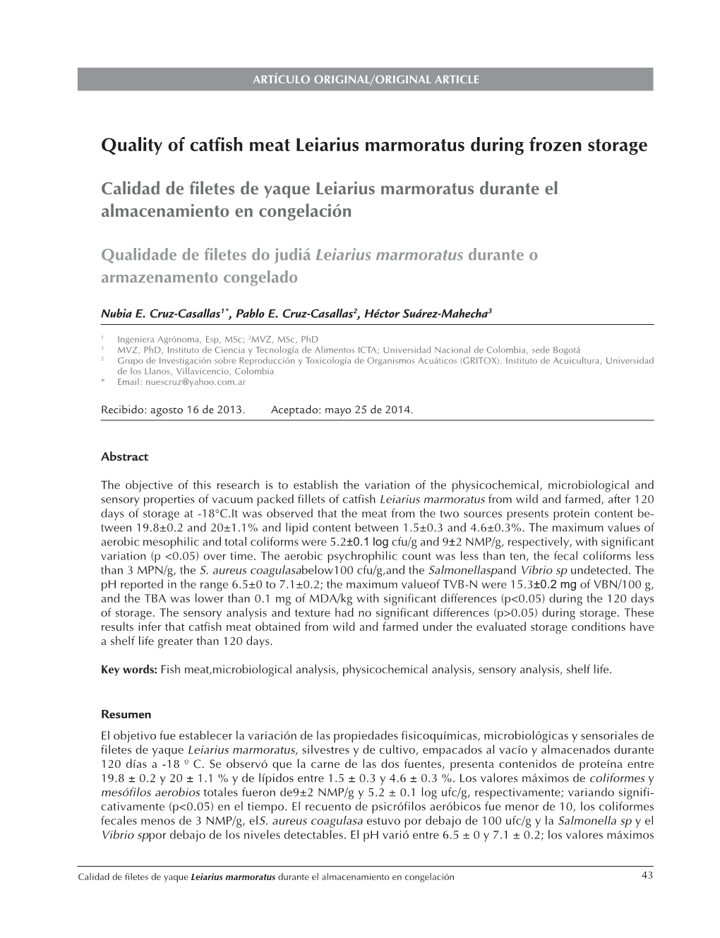 Quality of Catfish Meat Leiarius Marmoratus During Frozen Storage