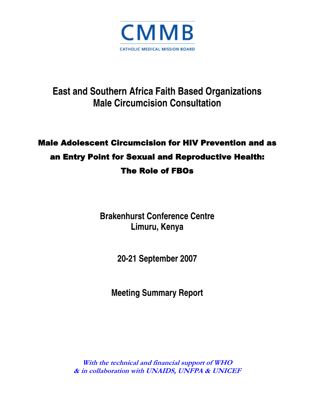 East and Southern Africa Faith Based Organizations Male Circumcision Consultation