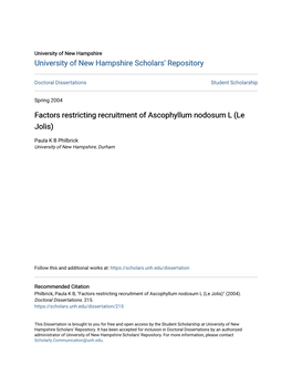 Factors Restricting Recruitment of Ascophyllum Nodosum L (Le Jolis)