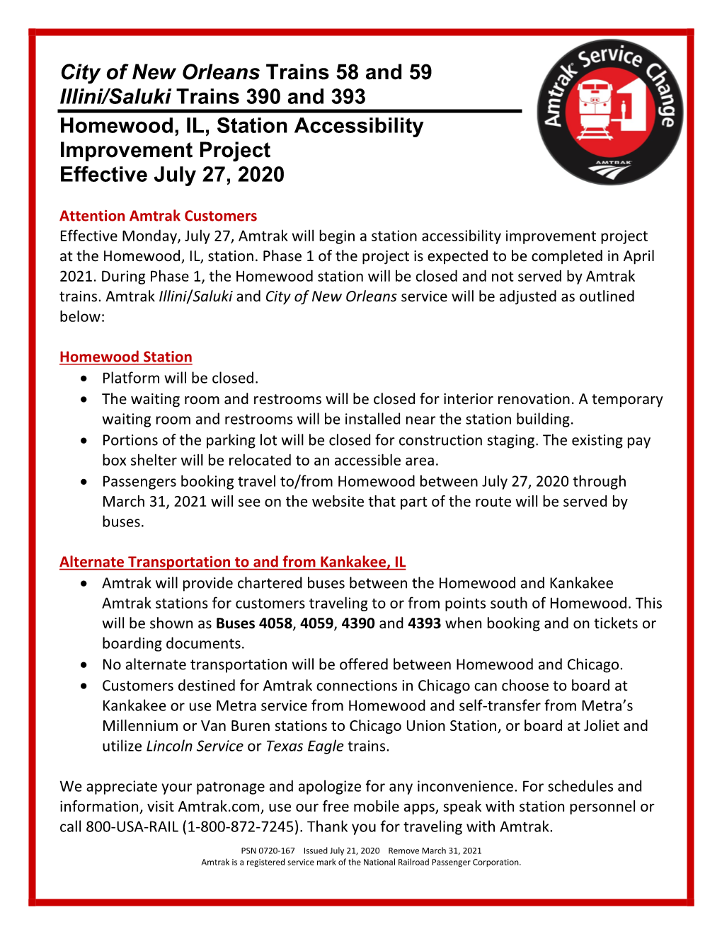 Homewood, IL, Station Accessibility Improvement Project Effective July 27, 2020