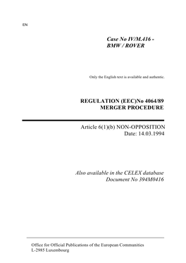 Merger Decision IV/M.416 of 14.03.1994