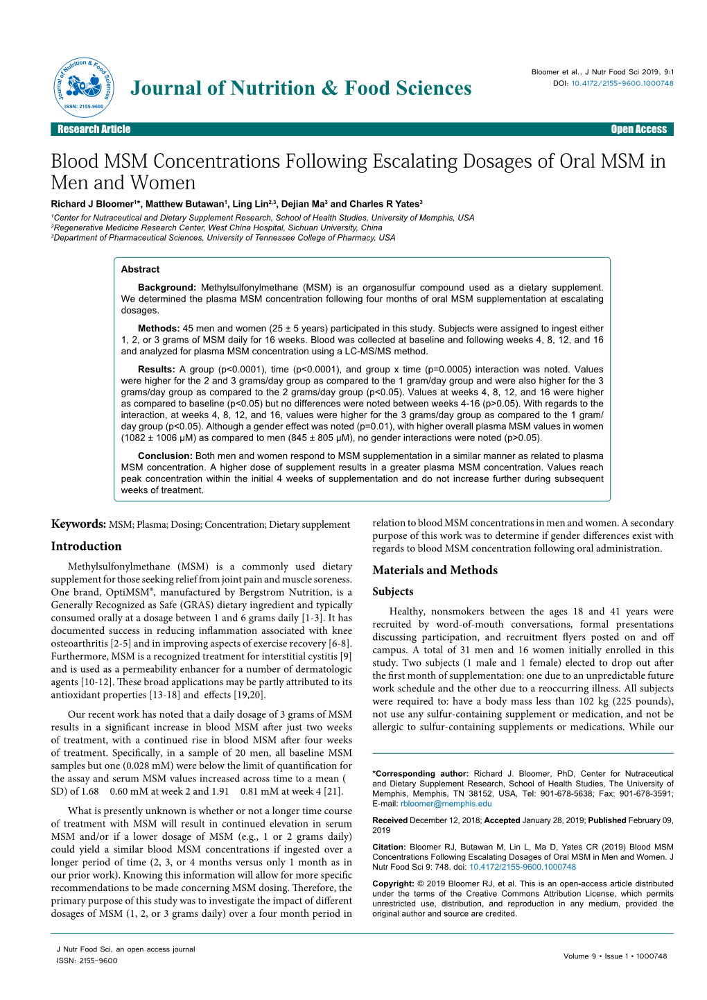 Blood MSM Concentrations Following Escalating Dosages of Oral MSM in Men and Women