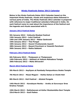 Hindu Festivals Dates 2012 Calendar
