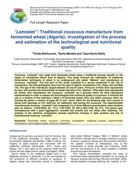 Traditional Couscous Manufacture from Fermented Wheat (Algeria); Investigation of the Process and Estimation of the Technological and Nutritional Quality