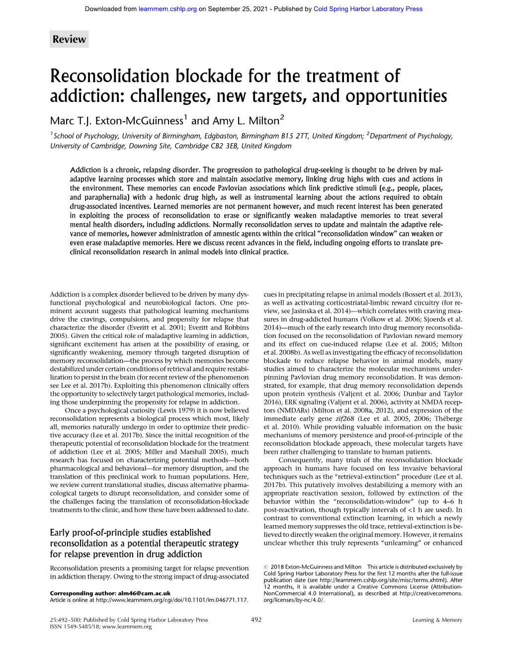 Reconsolidation Blockade for the Treatment of Addiction: Challenges, New Targets, and Opportunities