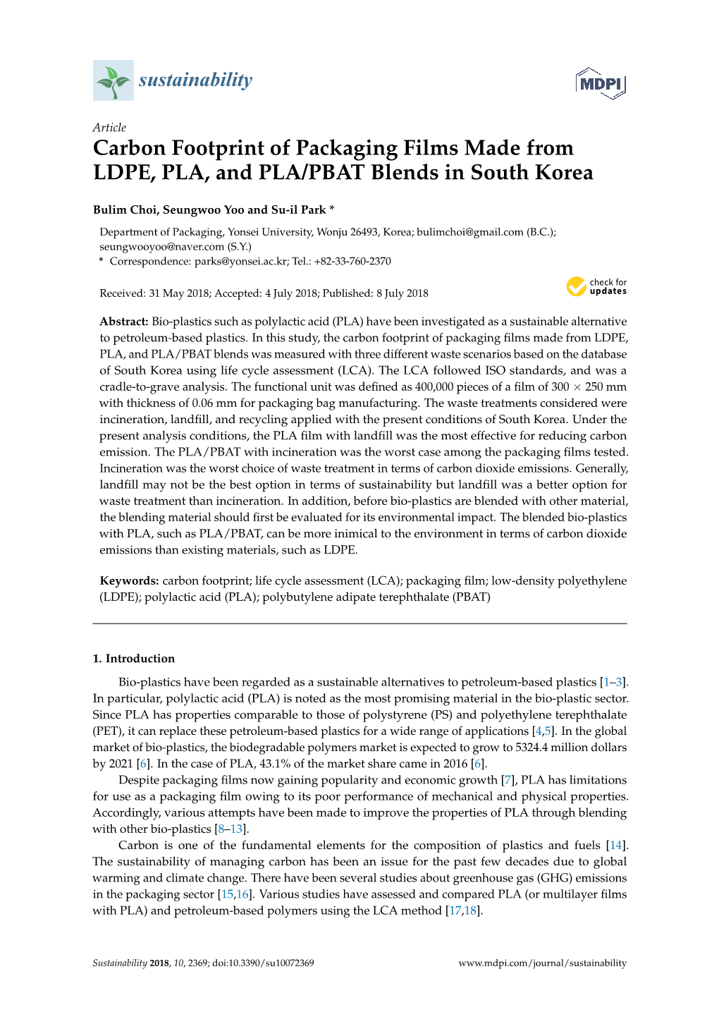 Carbon Footprint of Packaging Films Made from LDPE, PLA, and PLA/PBAT Blends in South Korea