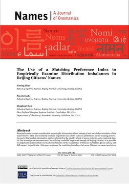 A JOURNAL of ONOMASTICS Ziming Zhao, Et Al