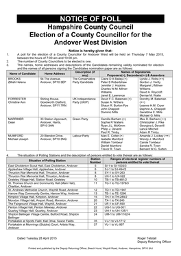 NOTICE of POLL Hampshire County Council Election of a County Councillor for the Andover West Division