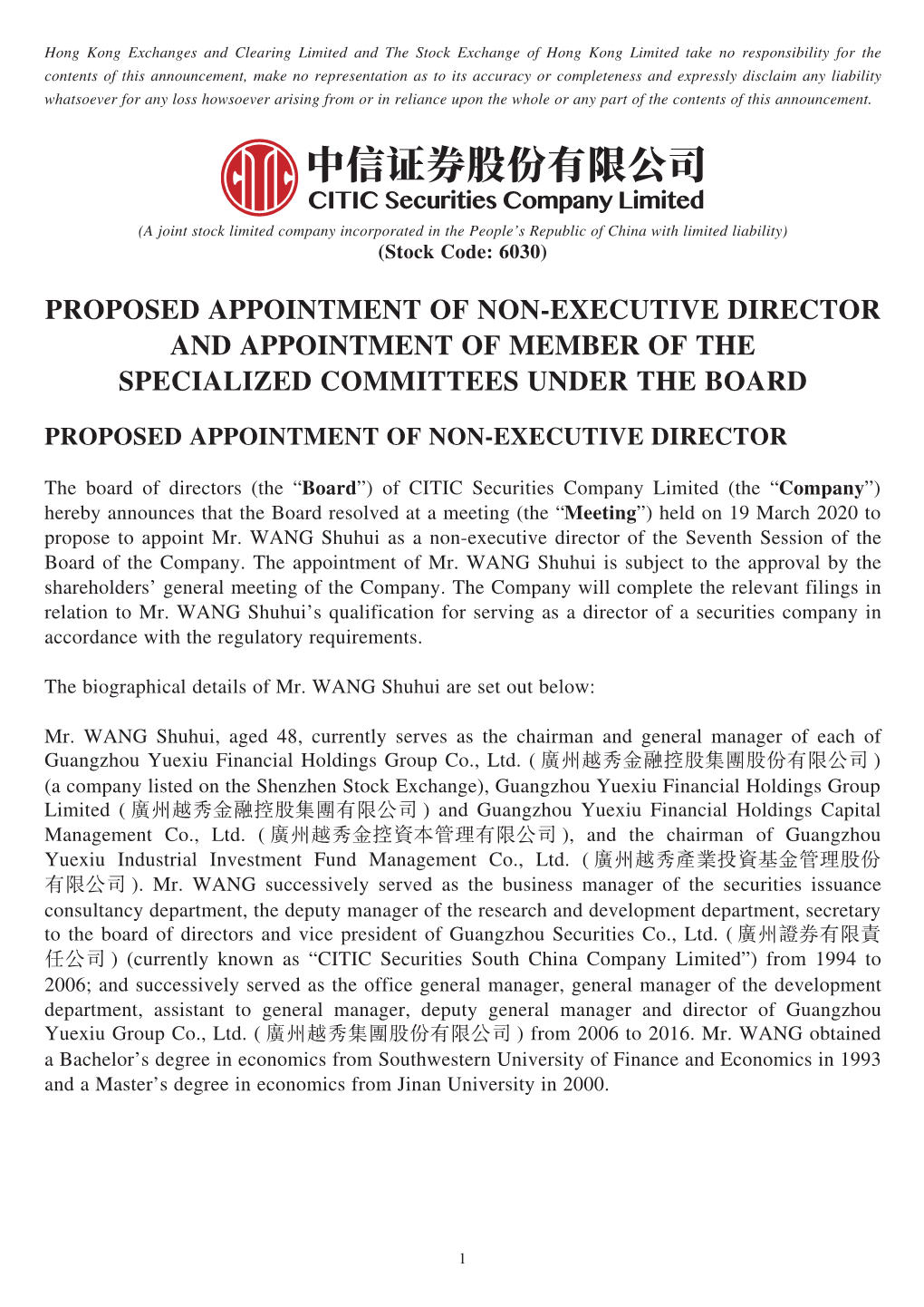 Proposed Appointment of Non-Executive Director and Appointment of Member of the Specialized Committees Under the Board