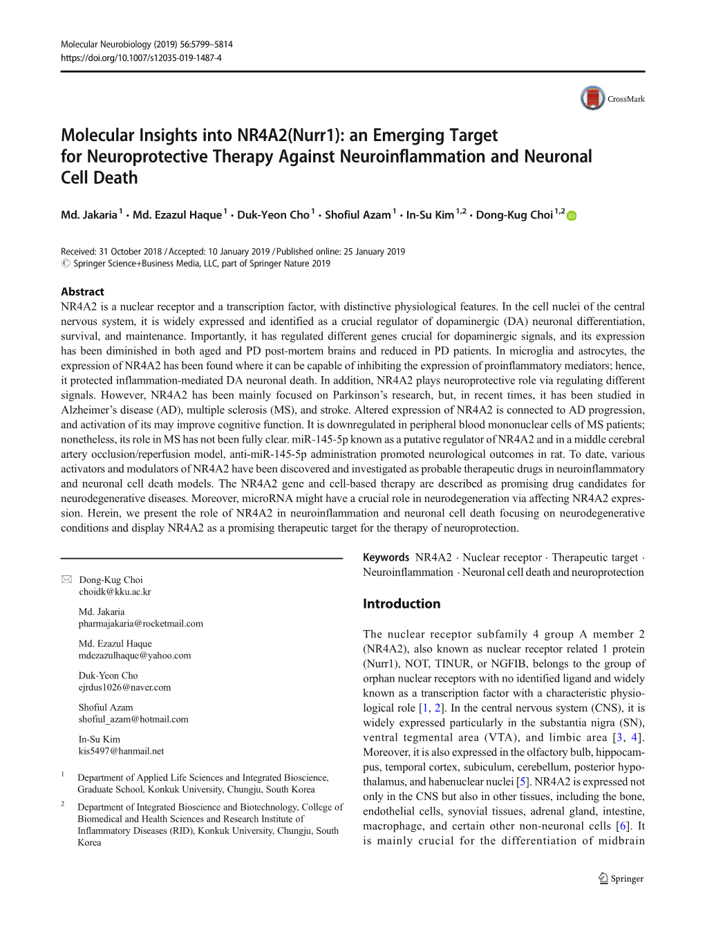 Molecular Insights Into NR4A2(Nurr1): an Emerging Target for Neuroprotective Therapy Against Neuroinflammation and Neuronal Cell Death