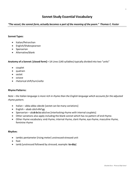 Sonnet Study Essential Vocabulary