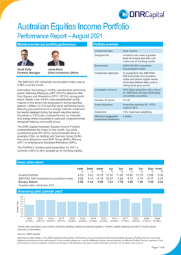 Australian Equities Income Portfolio Performance Report – August 2021 Market Overview and Portfolio Performance Portfolio Overview