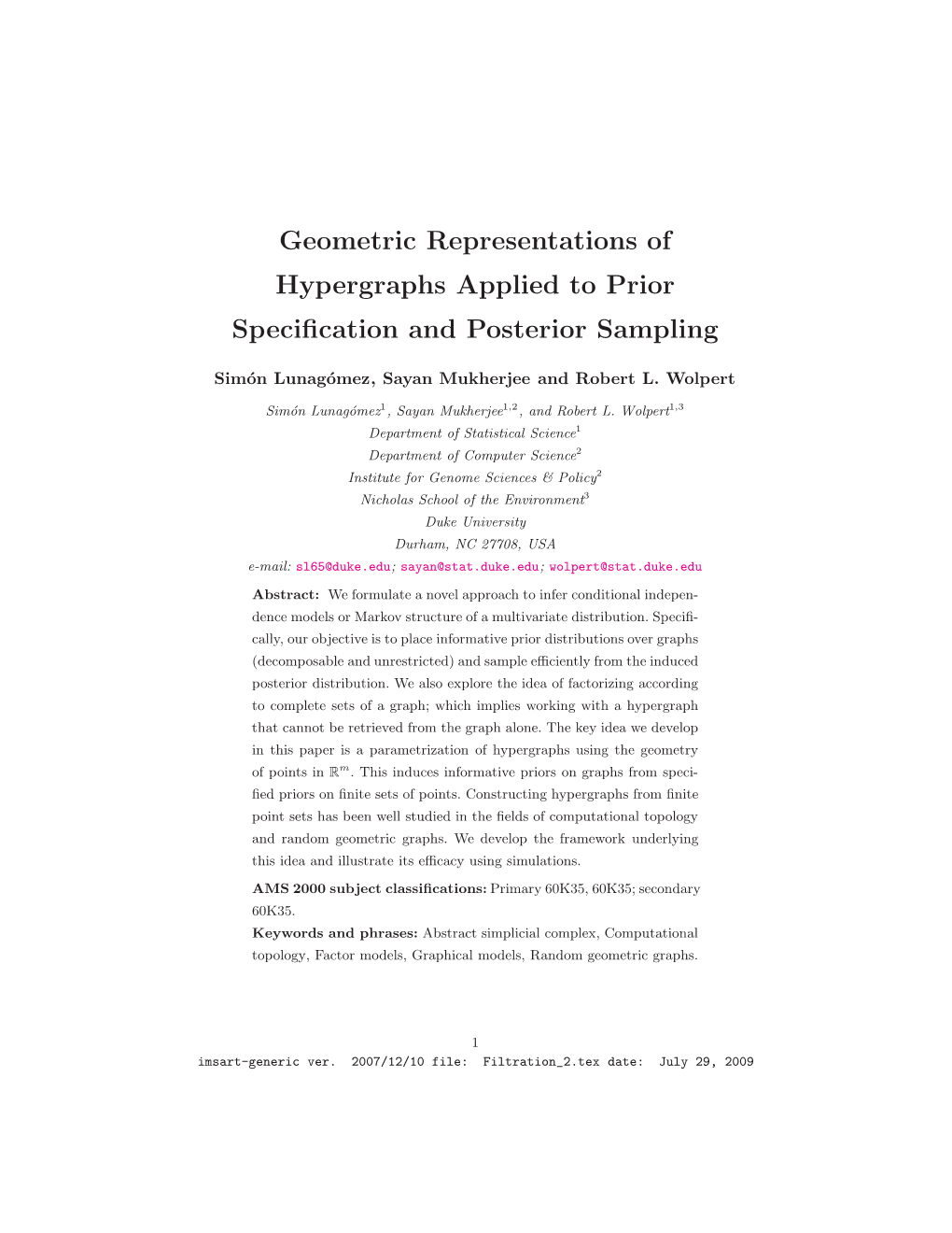 Geometric Representations of Hypergraphs Applied to Prior Speciﬁcation and Posterior Sampling