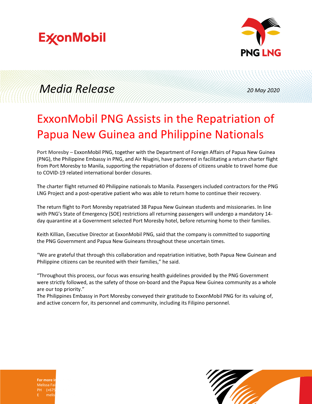 Exxonmobil PNG Assists in the Repatriation of Papua New Guinea and Philippine Nationals