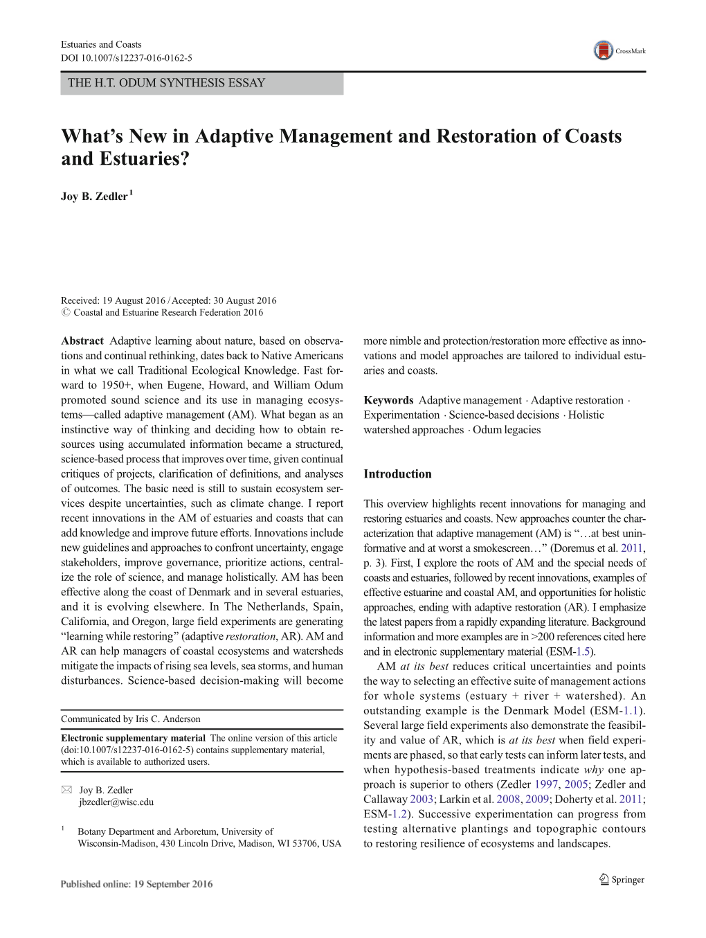 What's New in Adaptive Management and Restoration of Coasts and Estuaries?