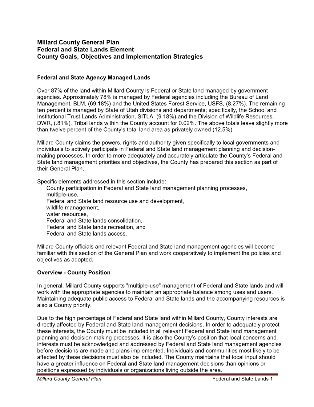 Millard County General Plan Federal and State Lands Element County Goals, Objectives and Implementation Strategies