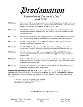 Proclamation “Pueblo County Cattlemen’S Day” March 20, 2021