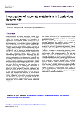 Investigation of Itaconate Metabolism in Cupriavidus Necator H16