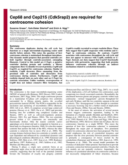 Cep68 and Cep215 (Cdk5rap2) Are Required for Centrosome Cohesion