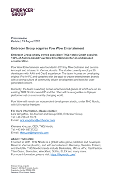 Embracer Group Acquires Pow Wow Entertainment