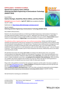Call for Papers – Invitation to Authors Special Issue in Physica Status Solidi (A) Gettering and Defect Engineering in Semiconductor Technology (GADEST 2019)