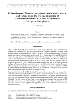 Redescription of Liometoxenus Paradoxus (SCRIBA) Comb.N., (Hrsg.): Süßwasserfauna Von Mitteleuropa 20 (17)