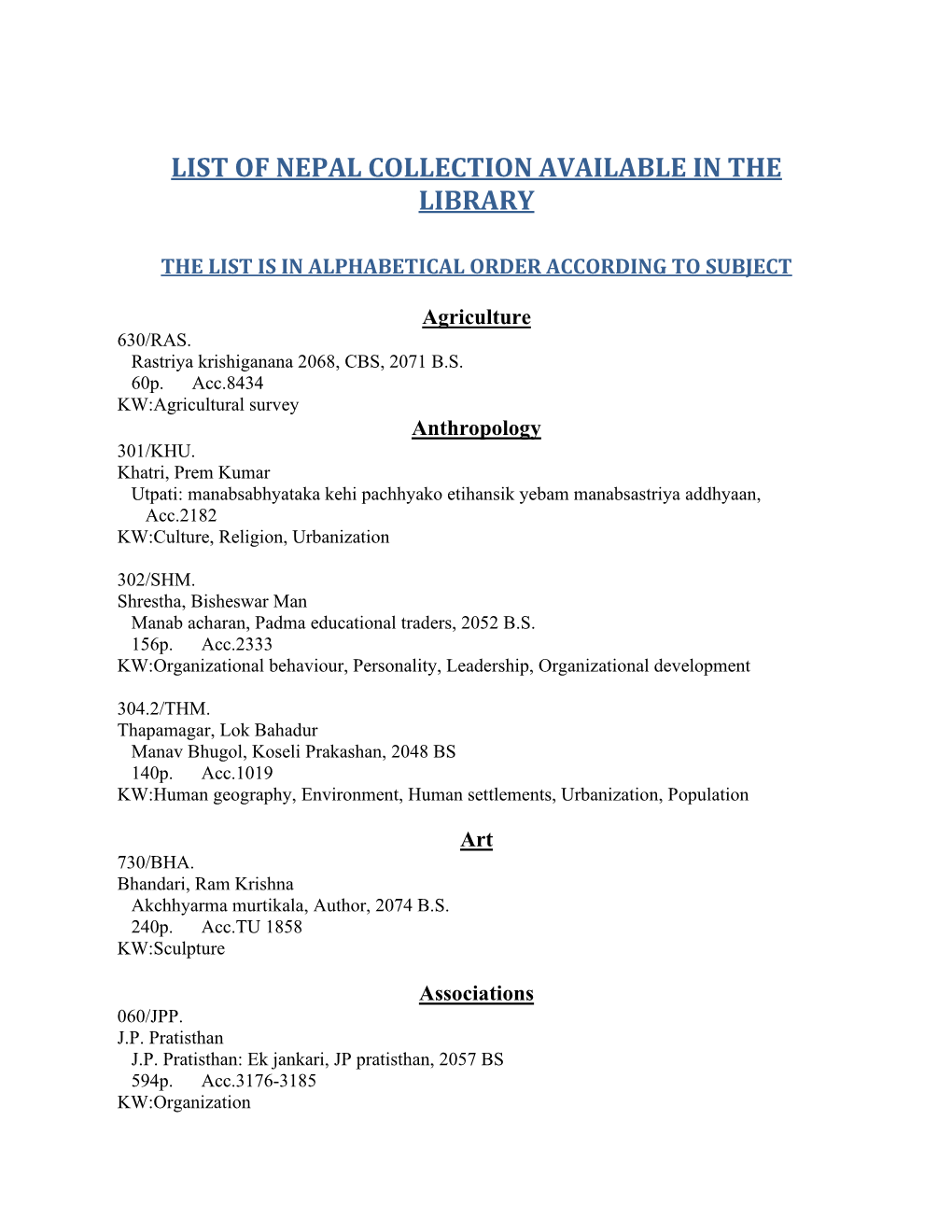 List of Nepal Collection Available in the Library