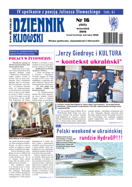 „Jerzy Giedroyc I Kultura POLACY W ŻYTOMIERZU - Chrystusowcy Pracują Na Kleryków, W Ich Liczbie I U Mnie, – Kontekst Ukraiński” Ukrainie Już Ponad 20 Lat