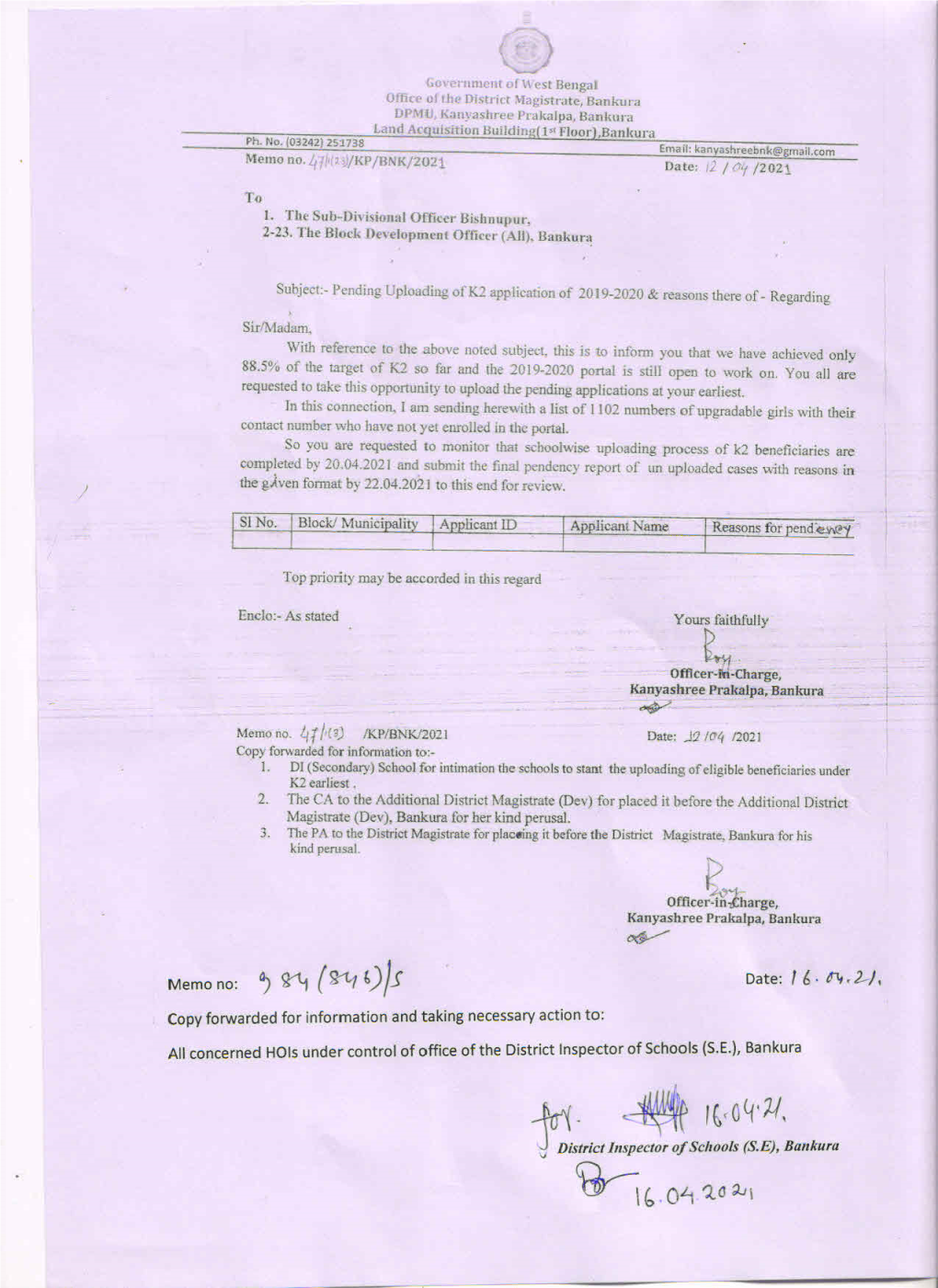 Notice Regarding Kanyashree Pending List