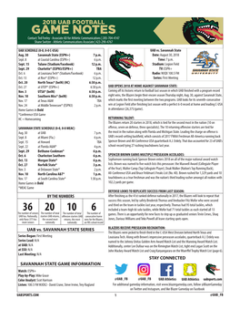 GAME NOTES Contact: Ted Feeley - Associate AD for Athletic Communications | 205-704-4147 Shane Switzer - Athletic Communications Associate | 423-290-4767