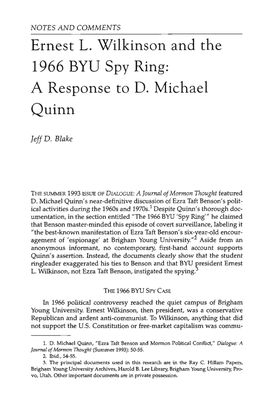 Ernest L- Wilkinson and the 1966 BYU Spy Ring: a Response to D- Michael Quinn