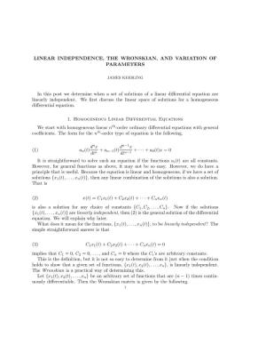 Linear Independence, the Wronskian, and Variation of Parameters