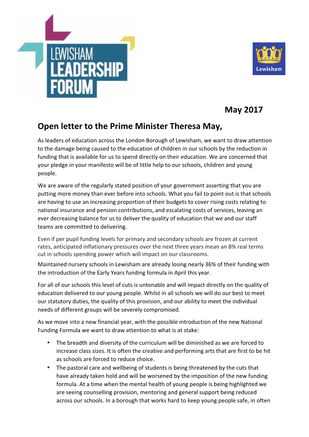 May 2017 Open Letter to the Prime Minister Theresa May
