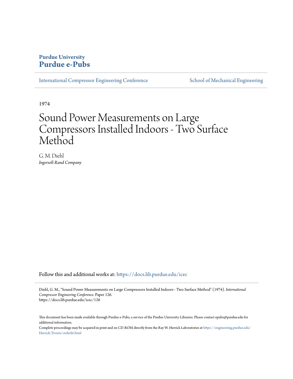 Sound Power Measurements on Large Compressors Installed Indoors - Two Surface Method G