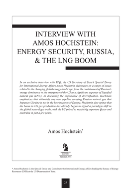 Interview with Amos Hochstein: Energy Security, Russia, & the Lng Boom