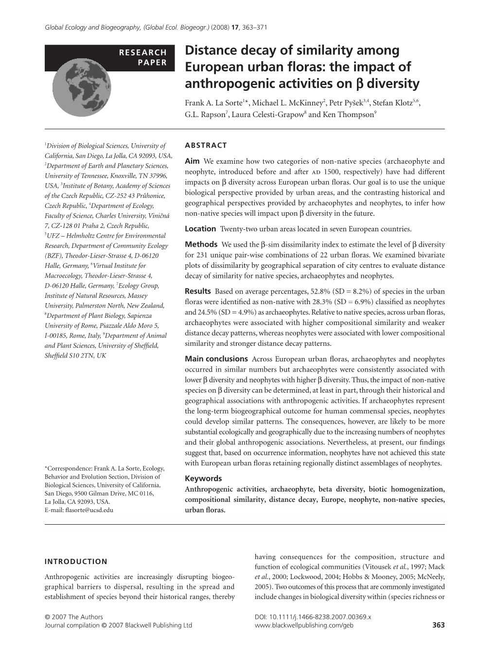 Distance Decay of Similarity Among European Urban Floras