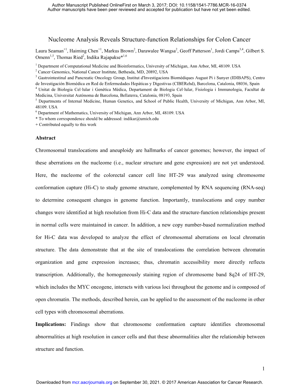 Nucleome Analysis Reveals Structure-Function Relationships for Colon Cancer