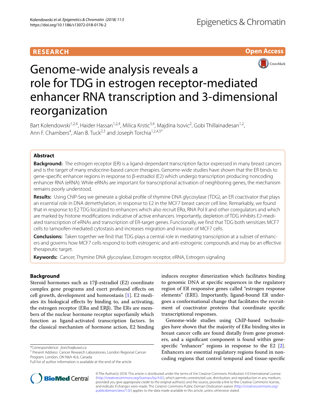 Genome-Wide Analysis Reveals a Role for TDG in Estrogen Receptor