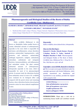 Pharmacognostic and Biological Studies of the Roots of Rubia Cordifolia Linn. (Rubiaceae) International Journal of Drug Developm