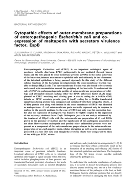 Cytopathic Effects of Outer-Membrane Preparations of Enteropathogenic Escherichia Coli and Co- Expression of Maltoporin with Secretory Virulence Factor, Espb