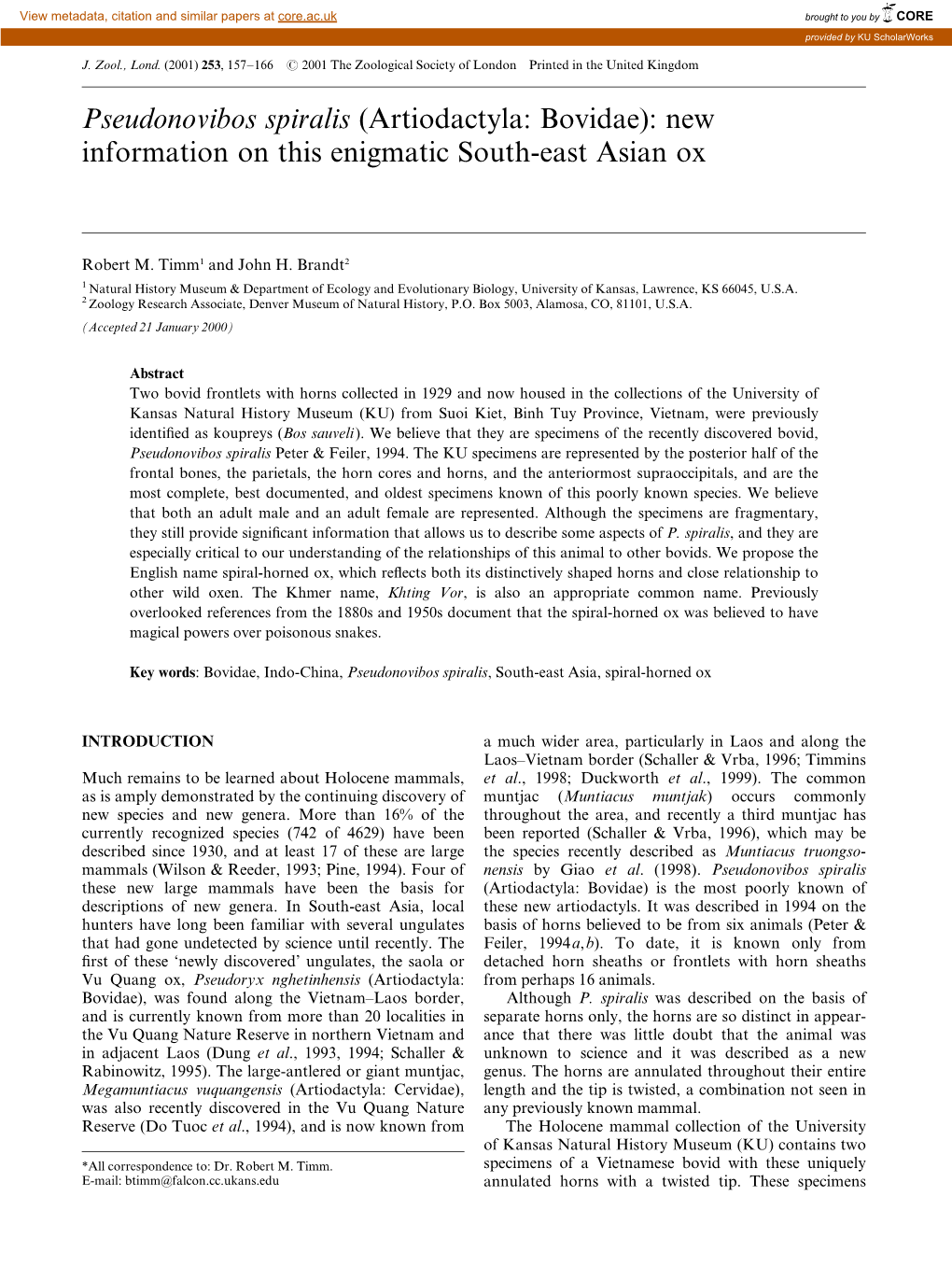 Pseudonovibos Spiralis (Artiodactyla: Bovidae): New Information on This Enigmatic South-East Asian Ox