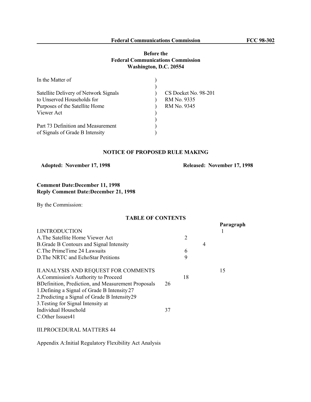 Federal Communications Commission FCC 98-302 Before The