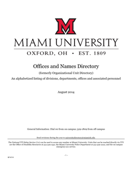 Offices and Names Directory (Formerly Organizational Unit Directory) an Alphabetized Listing of Divisions, Departments, Offices and Associated Personnel