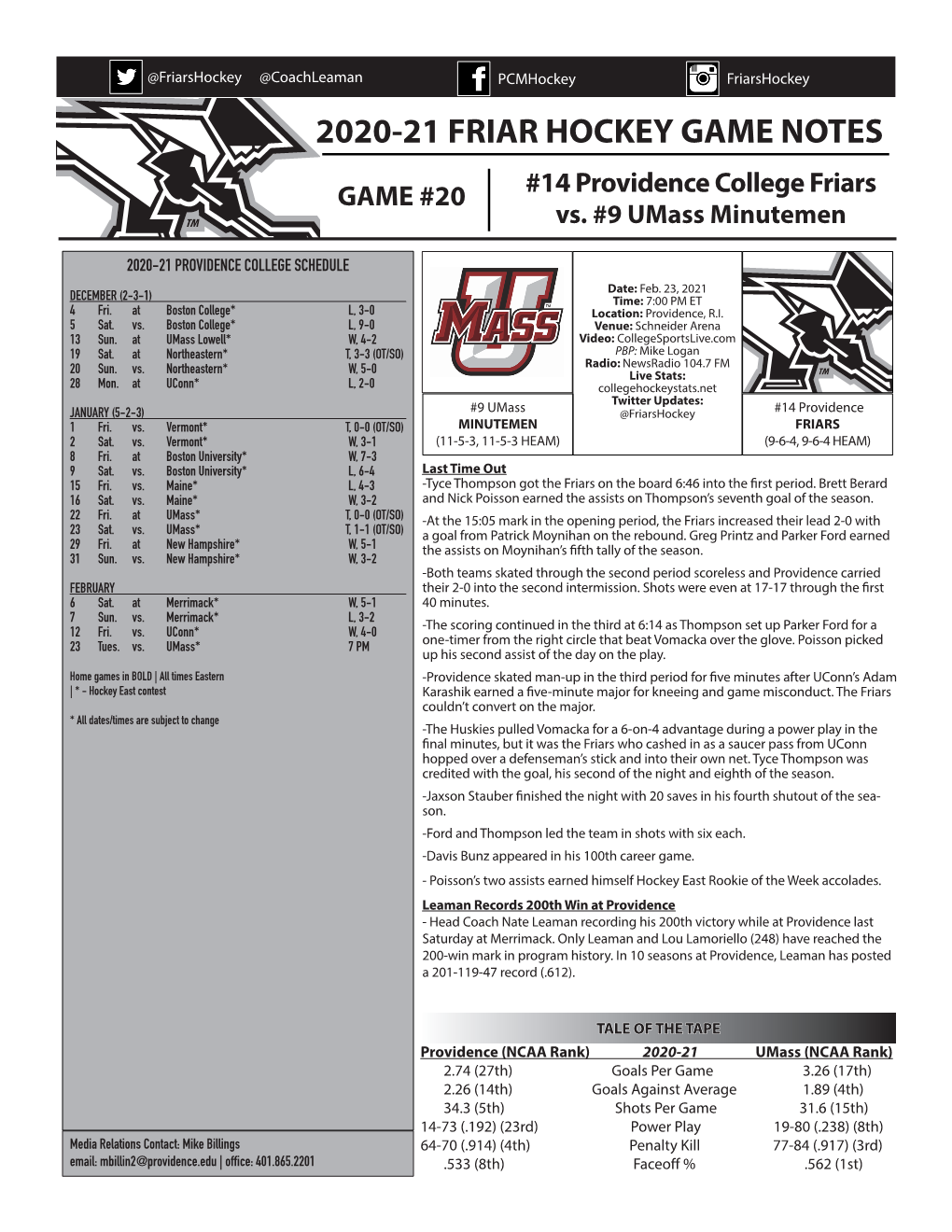 2020-21 Friar Hockey Game Notes