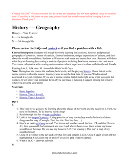 Geography History — Year 3 Levels: L — 1St Through 4Th M — 5Th Through 8Th