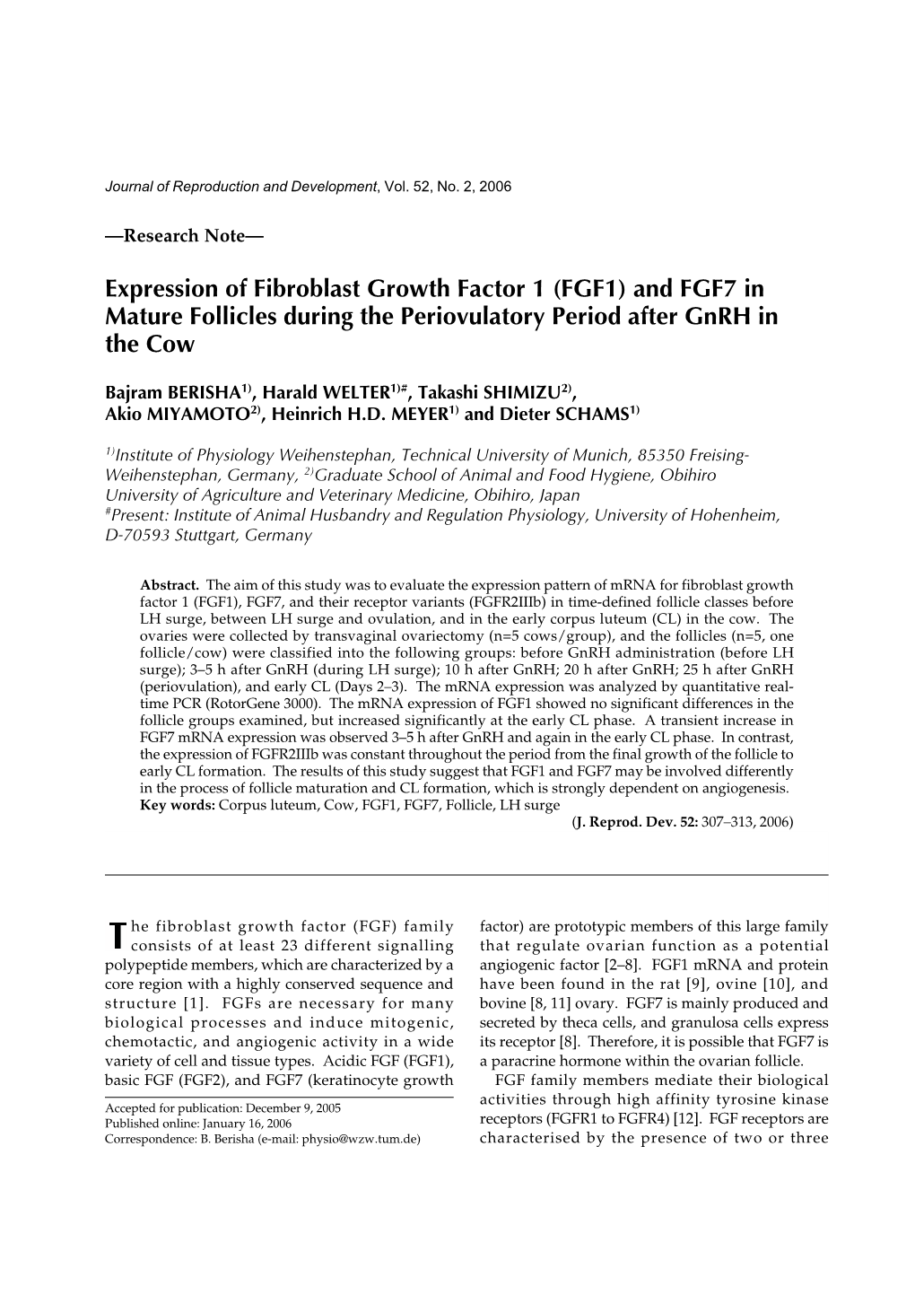 Expression of Fibroblast Growth Factor 1 (FGF1) and FGF7 in Mature Follicles During the Periovulatory Period After Gnrh in the Cow