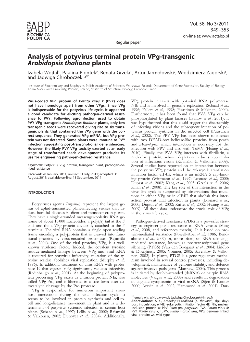 Analysis of Potyvirus Terminal Protein Vpg-Transgenic Arabidopsis