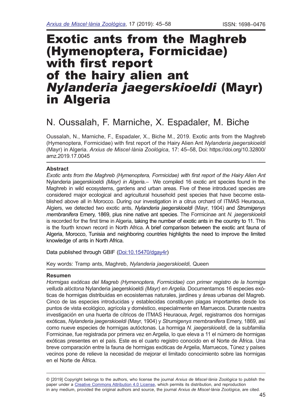 Hymenoptera, Formicidae) with Frst Report of the Hairy Alien Ant Nylanderia Jaegerskioeldi (Mayr) in Algeria