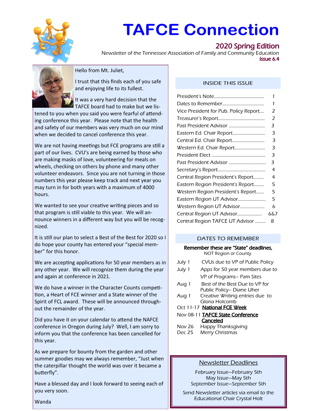 2020 Spring Edition Newsletter of the Tennessee Association of Family and Community Education Issue 6.4
