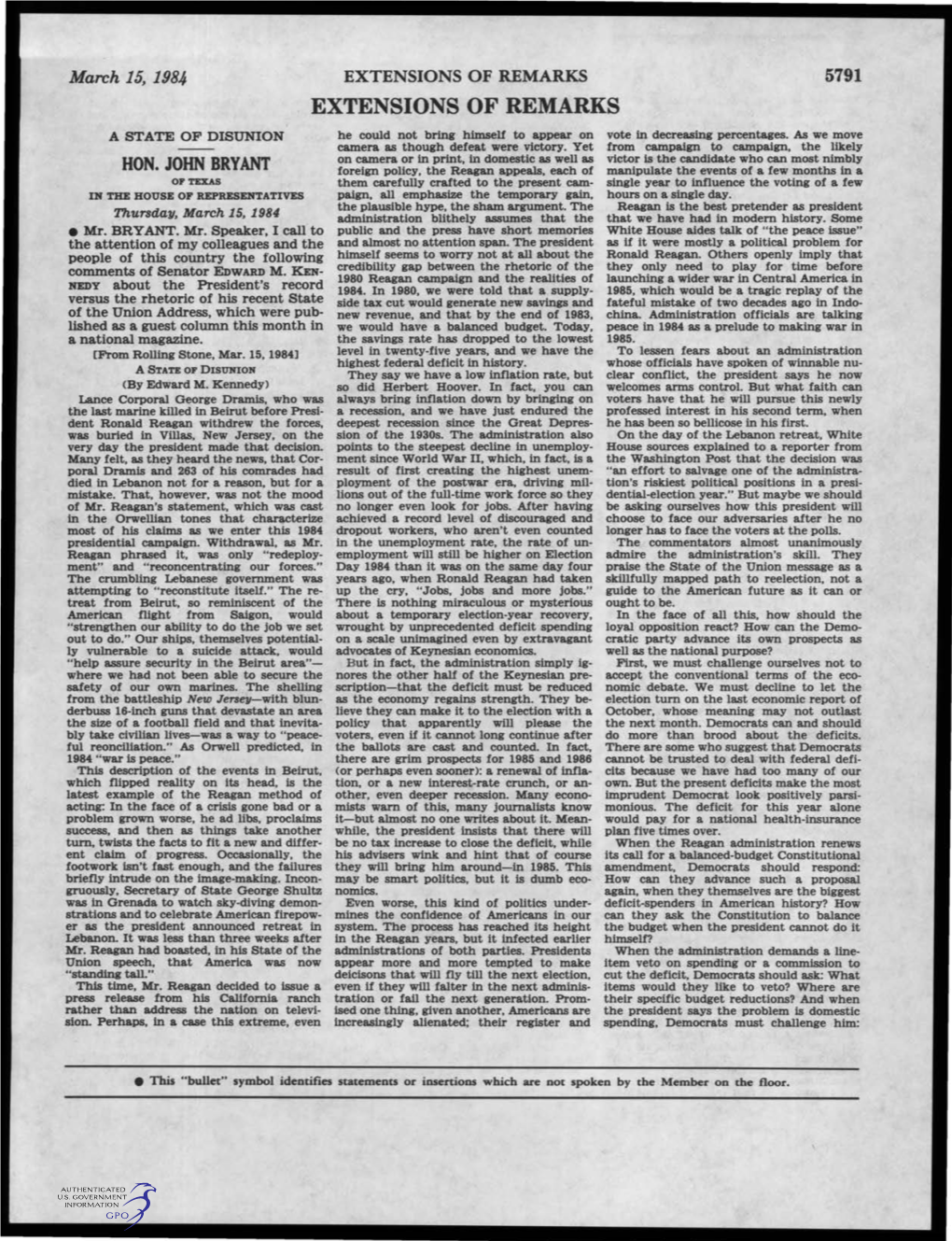 EXTENSIONS of REMARKS 5791 EXTENSIONS of REMARKS a STATE of DISUNION He Could Not Bring Himself to Appear on Vote in Decreasing Percentages